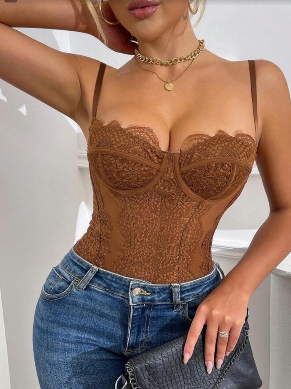 Brown Lace Bustier Bodysuit  Top for Women